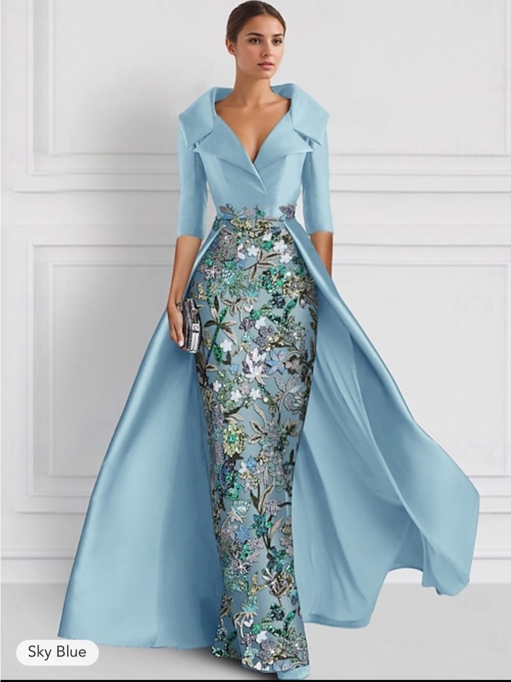 Elegant Sky Blue Floral Embroidered Evening Dress